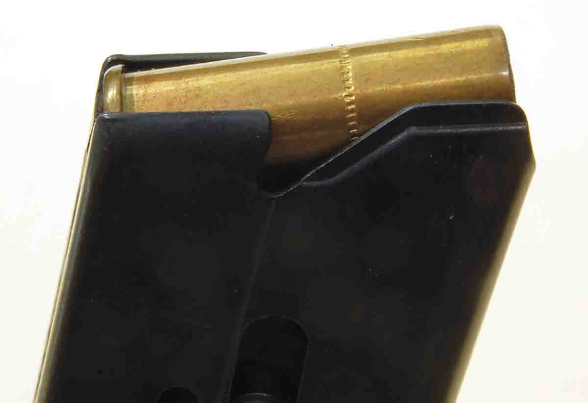 A flush-seated wadcutter in a Smith & Wesson M52 magazine.
